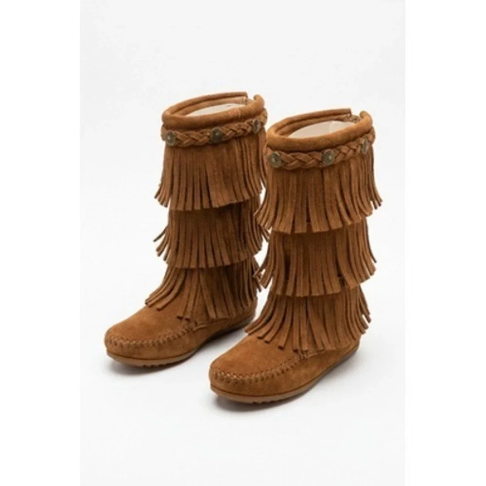 Minnetonka Fringe Boots Girls 8 Brown Suede 3 Layer Western Tall Zip Moccasin